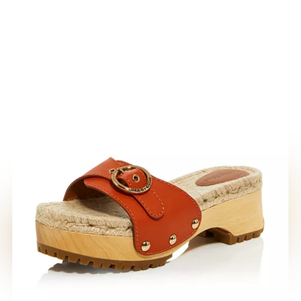 See By Chloe Orange Leather Buckle Platform Clog Mules